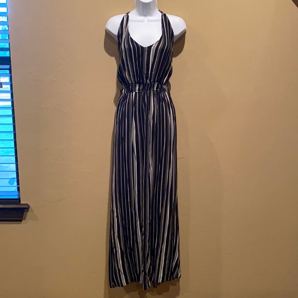 Black and White Striped, Long Cross Back Dress XXL